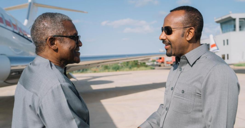 Aliko Dangote and Ethiopian Prime Minister Abiy Ahmed inspect the $4 billion fertiliser plant project site in Gode, Ethiopia.