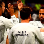 Sergio Ramos wearing PSG training kit featuring Visit Rwanda branding during a UEFA Champions League preparation session in Paris.
