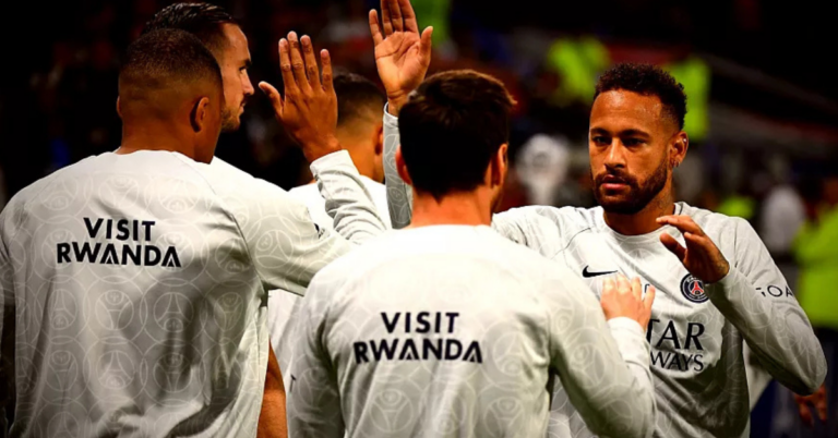 Sergio Ramos wearing PSG training kit featuring Visit Rwanda branding during a UEFA Champions League preparation session in Paris.