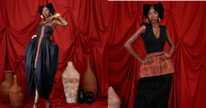 Model wearing a Dust & Raffia design by Neesa Atelier featuring raffia embellishments and Bogolan-inspired textures blending Ghanaian and Malian craftsmanship.