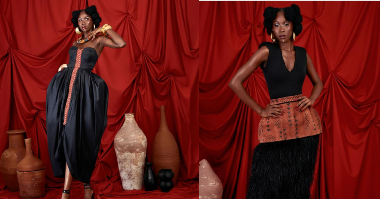 Model wearing a Dust & Raffia design by Neesa Atelier featuring raffia embellishments and Bogolan-inspired textures blending Ghanaian and Malian craftsmanship.