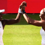 Serena Williams and Victoria Mboko celebrate after defeating the tournament’s third seeds at Queen’s Club in London.