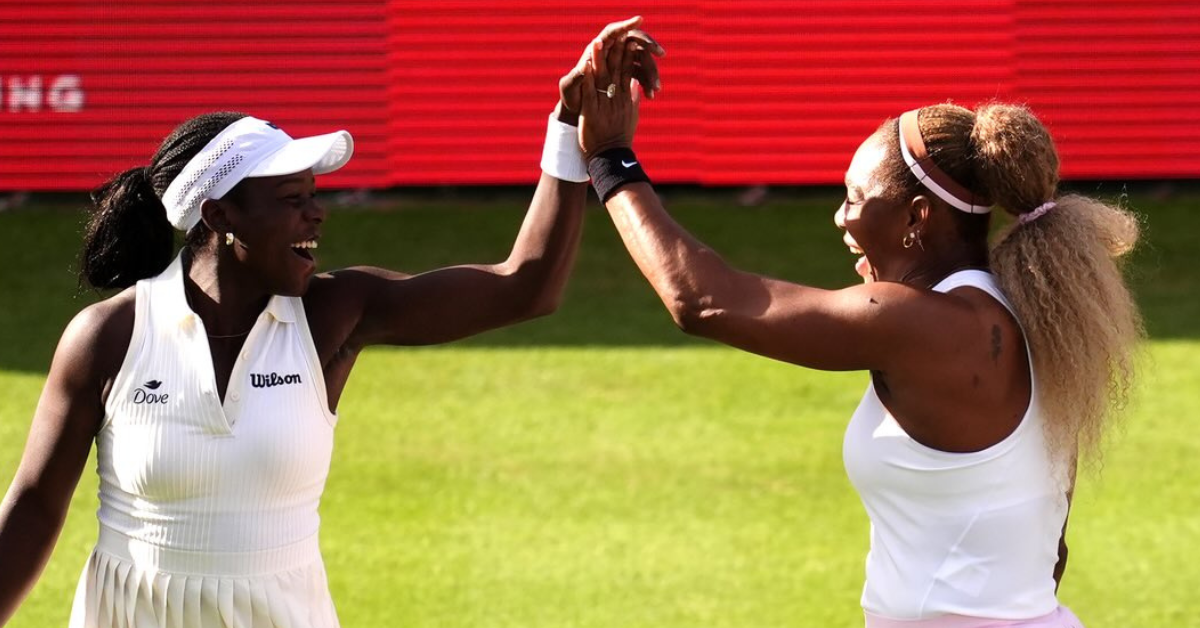 Serena Williams and Victoria Mboko celebrate after defeating the tournament’s third seeds at Queen’s Club in London.