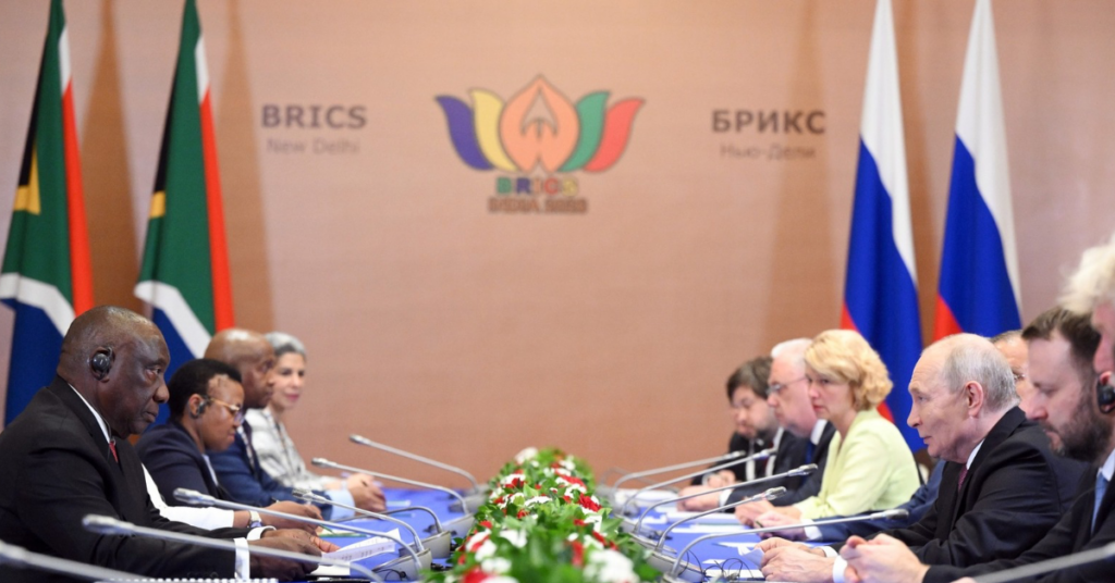 Vladimir Putin and Cyril Ramaphosa meeting at the BRICS summit