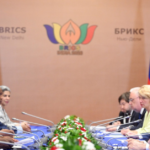 Vladimir Putin and Cyril Ramaphosa meeting at the BRICS summit